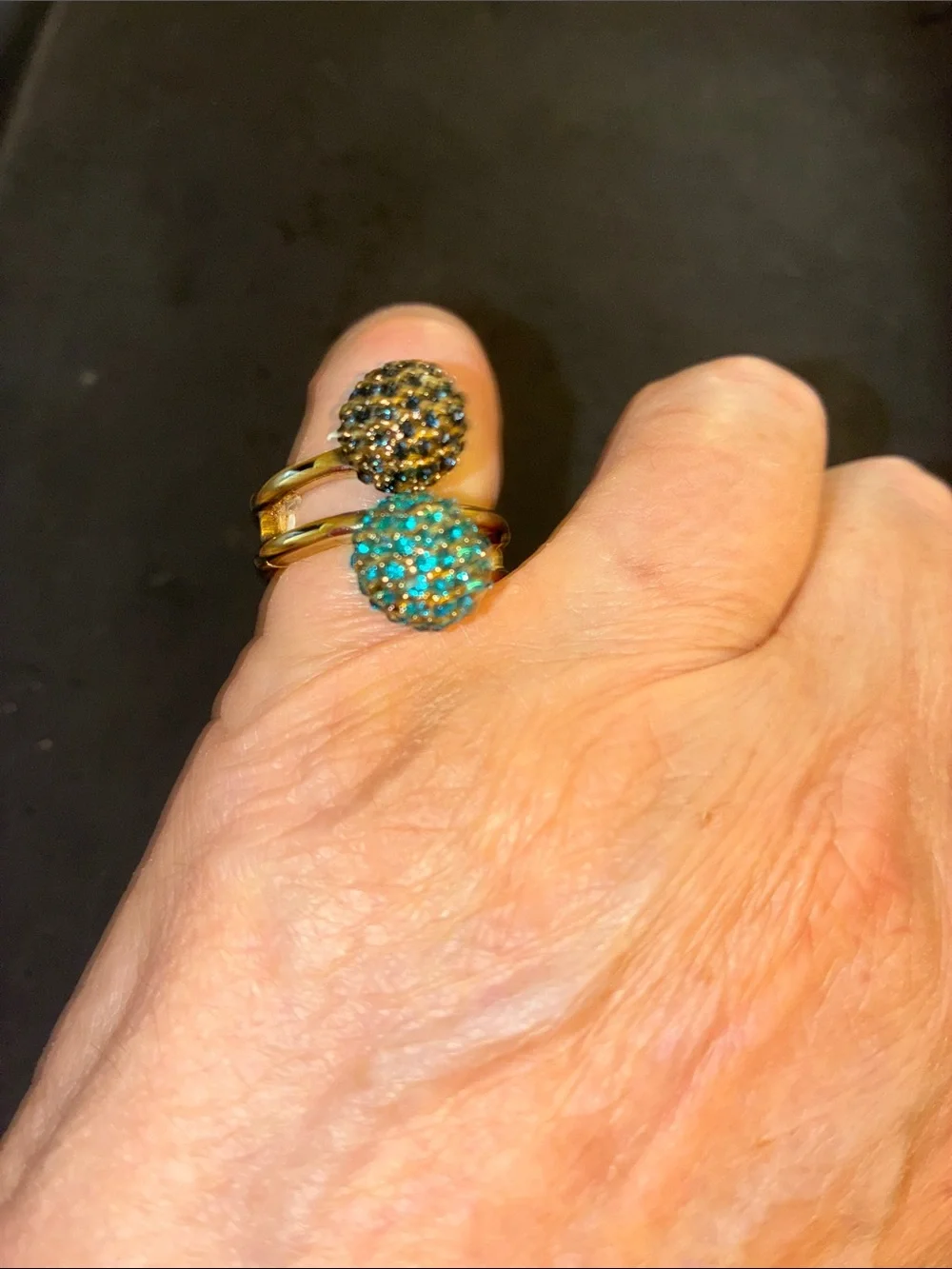 Double-Cluster Stretch Ring with Teal and Dark Blue Crystals